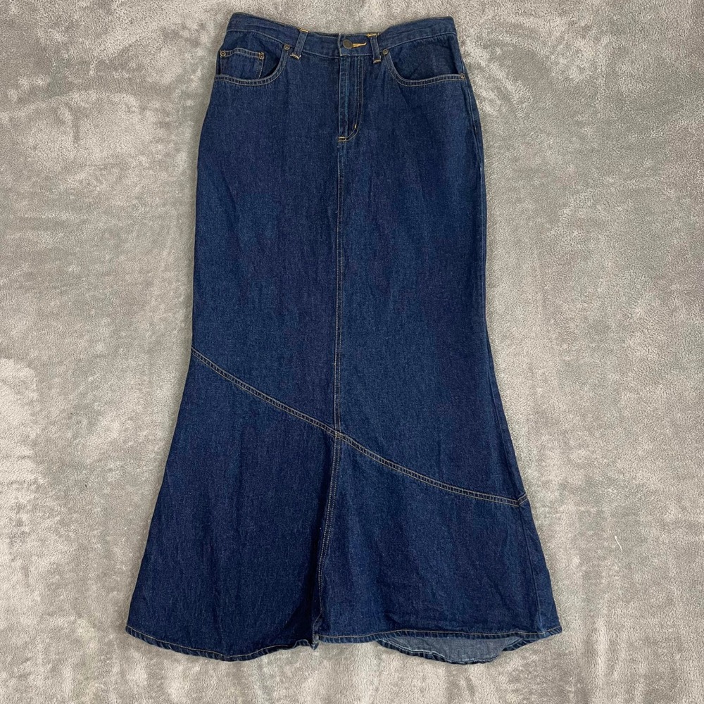 Vintage Y2K Denim Maxi Skirt Womens 3/4 Fit & Flare Dark Wash Grunge